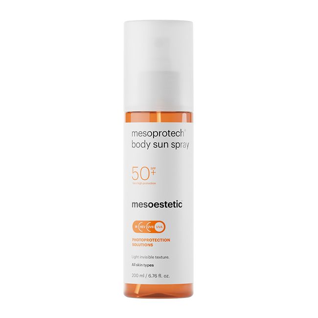 mesoprotech® body sun spray SPF50+ 2 SPF50+ body sunscreen in a spray format with a fresh and light texture for easy spreadability and application. Invisible finish.